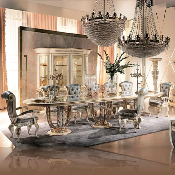 French Oval Dining Table & Chair Set – Hand-Carved Solid Wood Traditional European Furniture