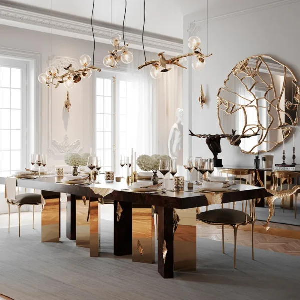 Italian Design 8-Seater Dining Table Set – Modern Gold Stainless Steel & Wood Luxury Furniture