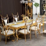European Modern Luxury Dining Set – Golden Copper Marble Table with 6 Elegant Chairs