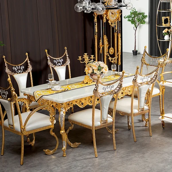 European Modern Luxury Dining Set – Golden Copper Marble Table with 6 Elegant Chairs