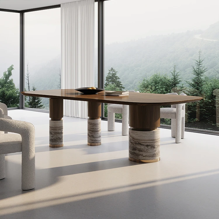 main-image-1 Wooden Top Dining Table with Natural Marble Base – 6ft Modern Dining Table - Image 1