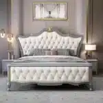 Genuine Leather King Bed with Big Headboard - White - Image 6