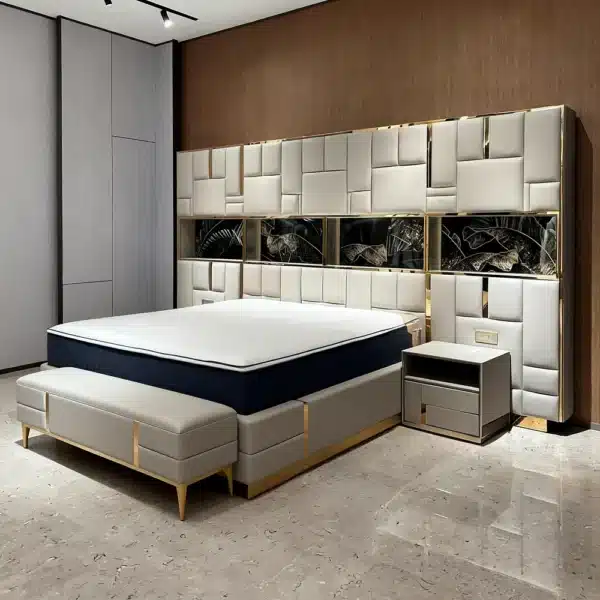 Microfiber Leather Modern Luxury Bed with Customization Options - Cream White