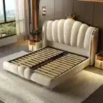 Microfiber Leather King Bed with Solid Wood Frame - Cream White - Image 2