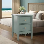 Modern Blue Solid Wood Nightstand with 2 Drawers – Contemporary Bedroom Bedside Table for Apartment & Home