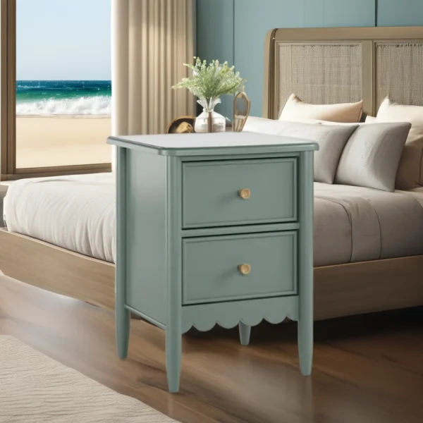 Modern Blue Solid Wood Nightstand with 2 Drawers – Contemporary Bedroom Bedside Table for Apartment & Home