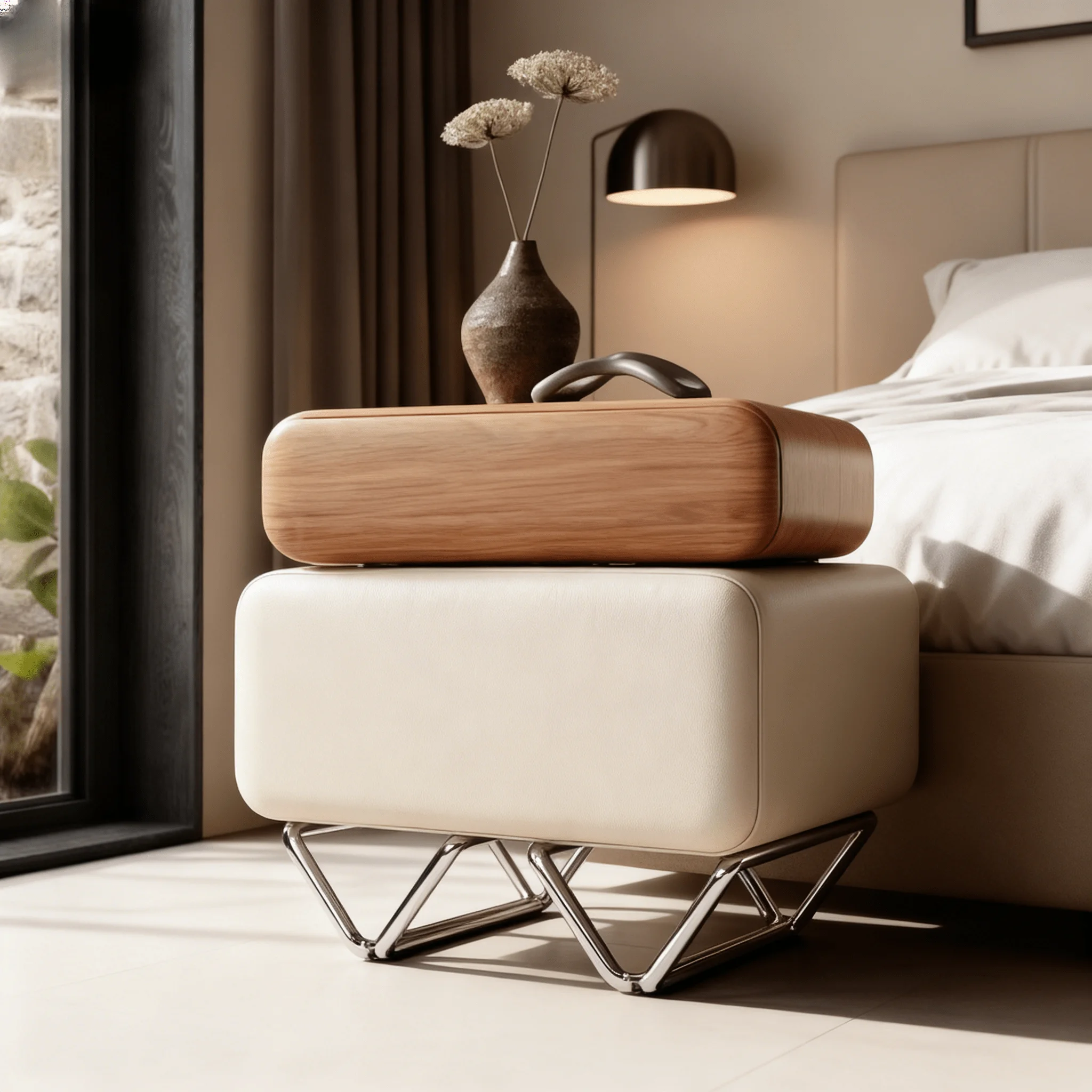 main-image-2 Nordic Style Bedroom Furniture Storage Nightstands – Easy to Clean Solid Wood Bedside Table with 2 Drawers and Stainless Steel Accents for Modern Bedrooms - Image 1