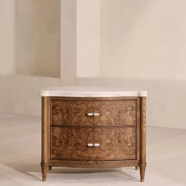 Luxurious Wooden Nightstand with Natural Marble Top – Two-Drawer Bedside Table for Bedroom, Living Room, or Home Office