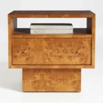 Architectural Burl Wood Accent Cabinet – Mid-Century Inspired Luxury Night Storage with Metal Frame Detail