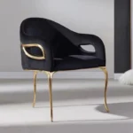 Italian Modern Accent Chair – Black Leather Upholstered Chair with Gold Brass Three-Leg Frame