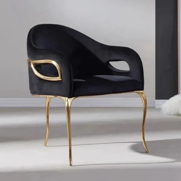 Italian Modern Accent Chair – Black Leather Upholstered Chair with Gold Brass Three-Leg Frame