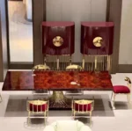 Modern Italian Light Luxury Dining Table – Striped Marble Top with Polished Metal Base - Image 5