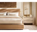 Modern Travertine Stone Nightstand with Oak Veneer Top – Luxury Bedroom Storage Cabinet with Drawer - Image 4