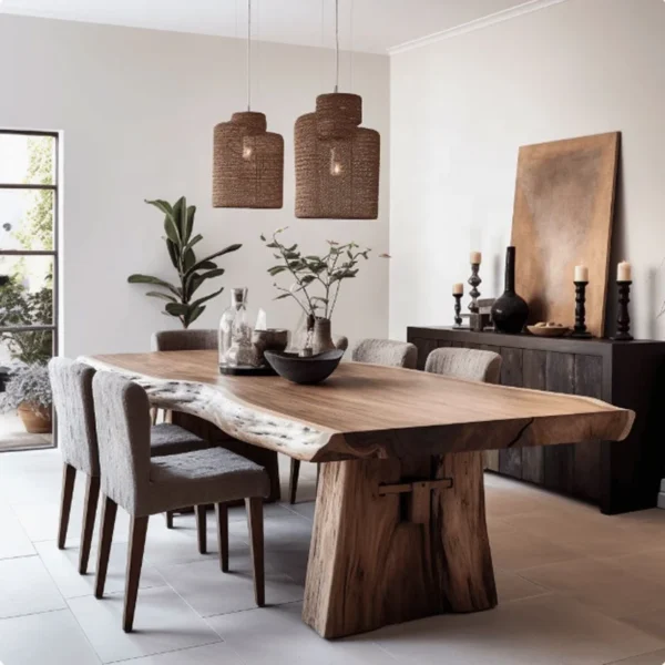 Modern Live Edge Walnut Dining Table Set – Natural Shape Solid Wood Commercial Furniture