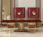 Modern Italian Light Luxury Dining Table – Striped Marble Top with Polished Metal Base - Image 2