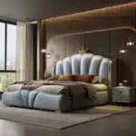 Microfiber Leather King Bed with Solid Wood Frame - Cream White - Image 4