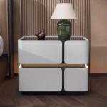 Modern Floating Smart Nightstand with Wireless Charging & LED Light – Solid Wood Bedside Table with 2 Drawers and Glass Top - Image 4