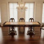 European Luxury Beech Wood Dining Table – Hand Carved Solid Wood with Natural Veneer & Gold Foil