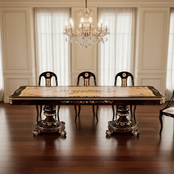 European Luxury Beech Wood Dining Table – Hand Carved Solid Wood with Natural Veneer & Gold Foil