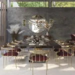 Modern Italian Light Luxury Dining Table – Striped Marble Top with Polished Metal Base - Image 3
