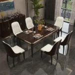 Italian-Inspired Modern Marble Dining Table with Solid Wood & Stainless Steel Base Set for 6 Seats