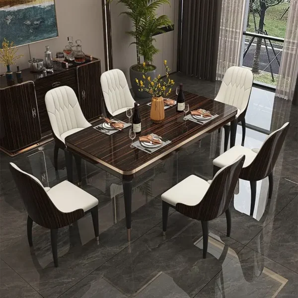 Italian-Inspired Modern Marble Dining Table with Solid Wood & Stainless Steel Base Set for 6 Seats