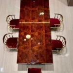 Modern Italian Light Luxury Dining Table – Striped Marble Top with Polished Metal Base