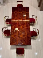 Modern Italian Light Luxury Dining Table – Striped Marble Top with Polished Metal Base