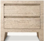Modern Travertine Stone Nightstand with Oak Veneer Top – Luxury Bedroom Storage Cabinet with Drawer