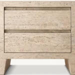 Modern Travertine Stone Nightstand with Oak Veneer Top – Luxury Bedroom Storage Cabinet with Drawer