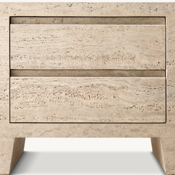 Modern Travertine Stone Nightstand with Oak Veneer Top – Luxury Bedroom Storage Cabinet with Drawer