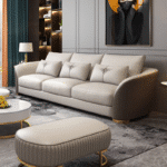 PU Leather Rectangular Sofa with Button Tufting - Three-Seater - Black