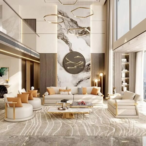 White Full Leather Modular Sectional Sofa with Stainless Steel Legs - Italian Design