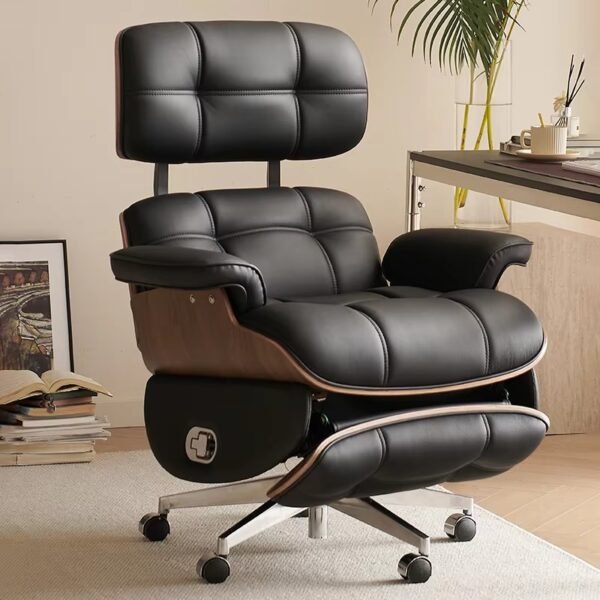 Genuine Leather Executive Recliner Office Chair with Massage Function - Black