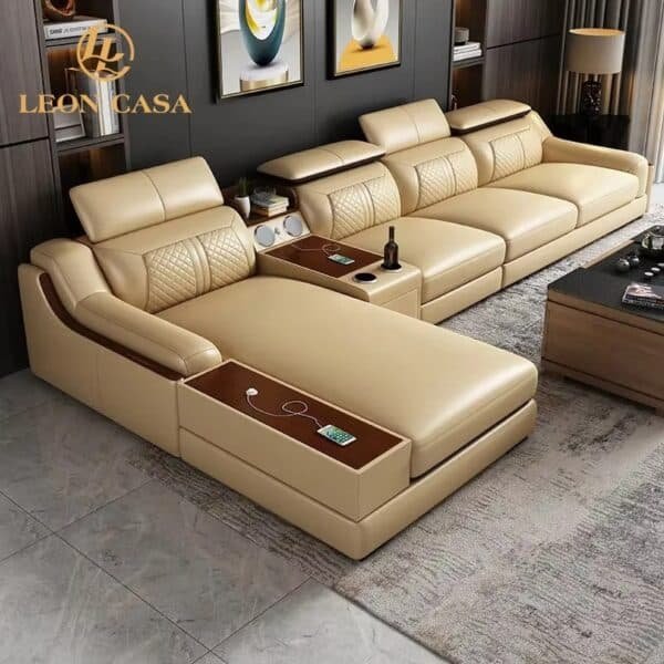 Genuine Leather Sectional Sofa with Reclining Massage and Storage Compartments - Modern Italian Luxury