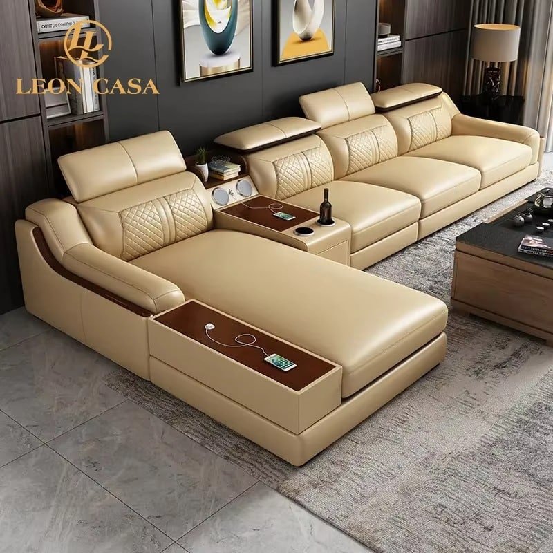 main_imageH7924568bb0cc4092833b9752bb228dfaC Genuine Leather Sectional Sofa with Reclining Massage and Storage Compartments - Modern Italian Luxury - Image 1
