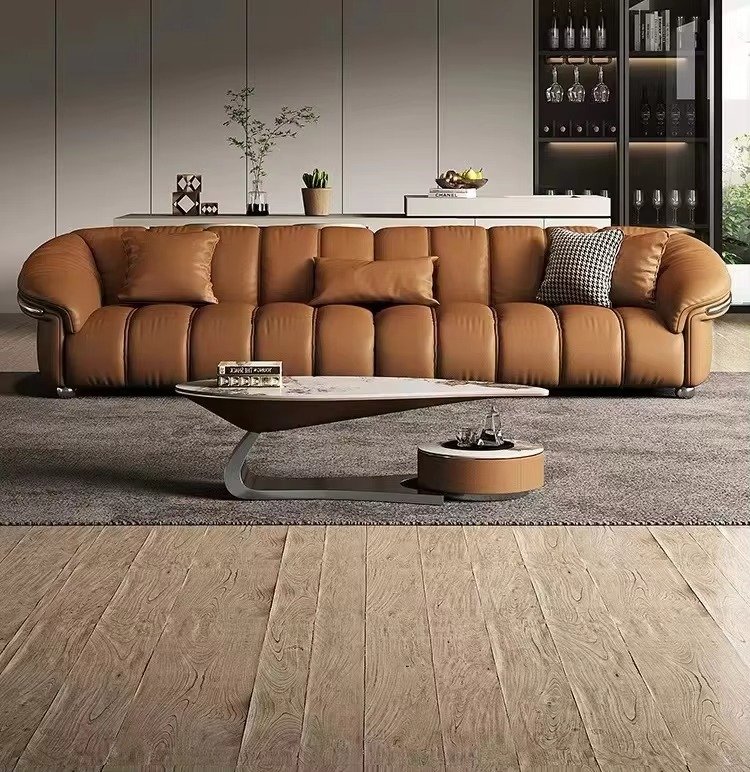 main_imageHbcf15cbf1be3431f9e0554c4dd0a96bcD Faux Leather Minimalist 3-Seater Sofa Set with Stainless Steel Accents - Custom Color Options - Image 1
