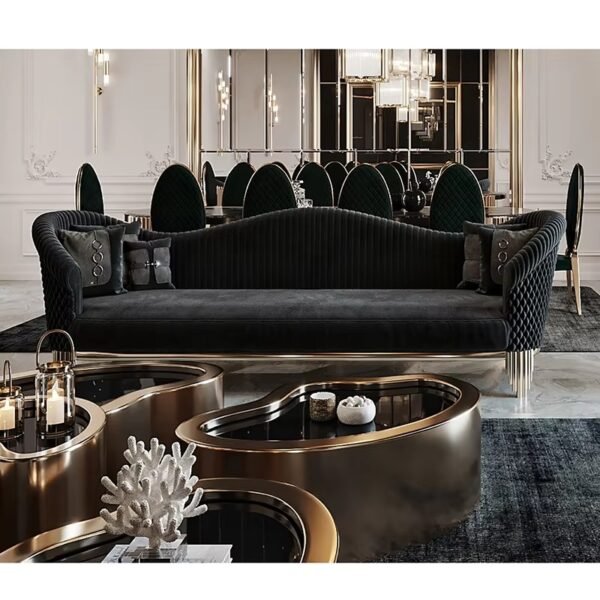 Velvet Multipart Sofa Set with Gold-Tone Accents - Black & Gold