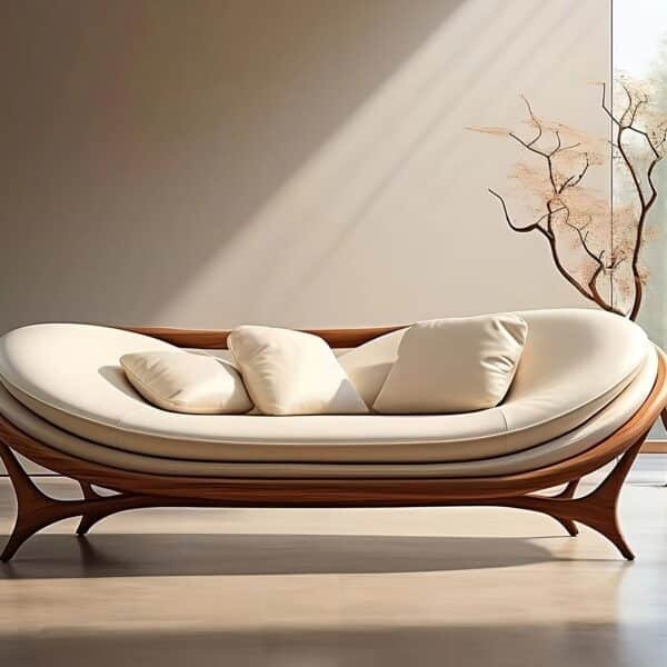 Curved Leather Modular Sectional Sofa with Solid Walnut Base - White